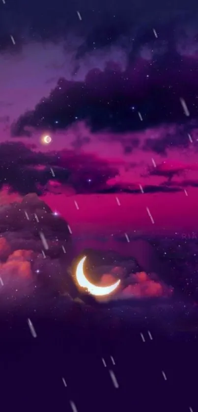 Dreamy cosmic night with purple clouds and crescent moon.