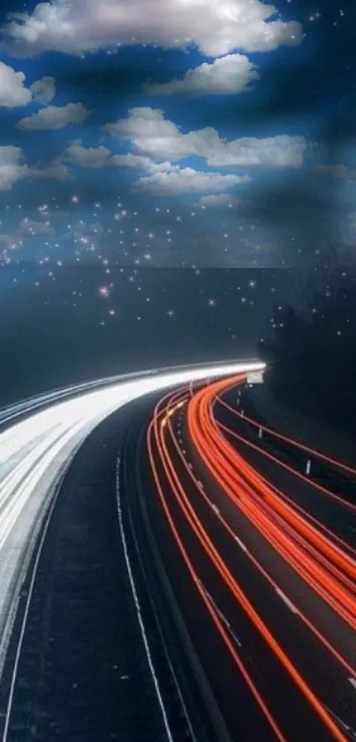 Cosmic night highway with light trails and starry sky.