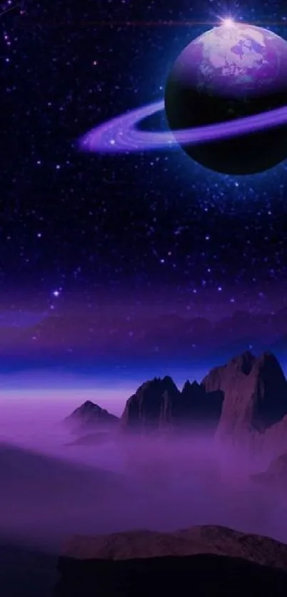 Purple space wallpaper with glowing planet and starry sky.