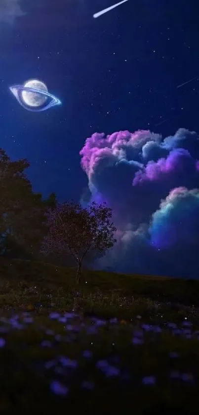 Vibrant cosmic night sky with glowing planet and colorful clouds.