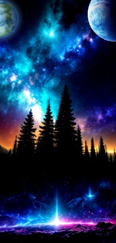 Galaxy-themed wallpaper with planets and stars in a night sky.