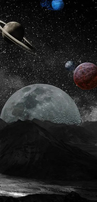 Stunning cosmic wallpaper with planets and stars in a night sky.