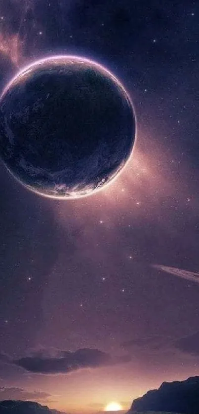 Majestic view of planets in a purple cosmic night sky wallpaper.