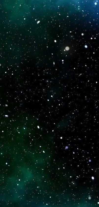 Mobile wallpaper of a starry night sky with cosmic green and blue hues.