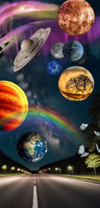 Surreal cosmic wallpaper with planets, rainbow, and glowing night road.