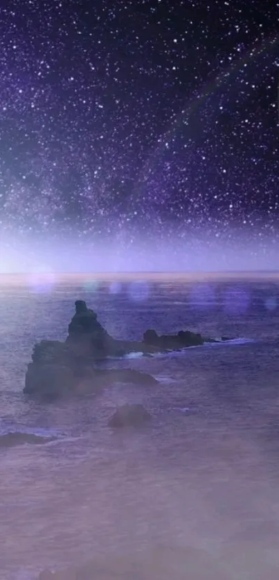 Cosmic ocean under a starry sky with a distant planet visible.