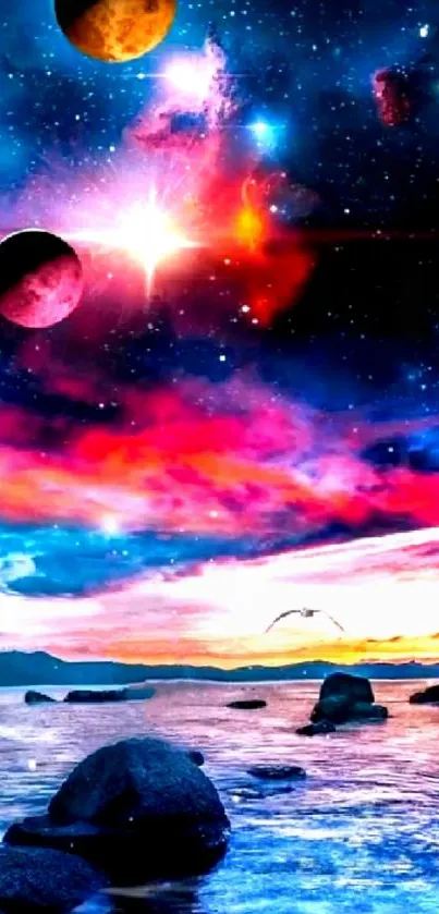 Cosmic ocean view with planets and a colorful sky.