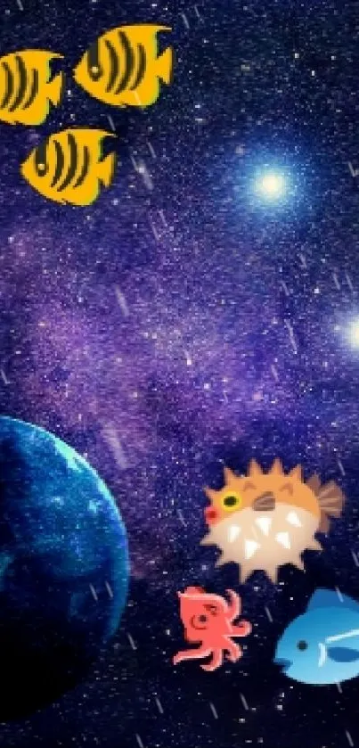 Cosmic ocean theme with galaxy and fish mobile wallpaper.