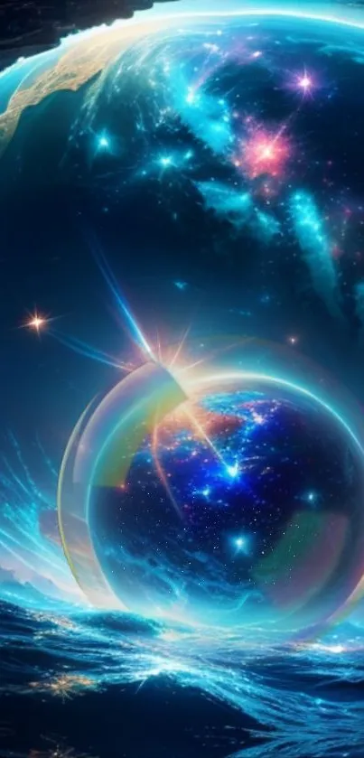 Cosmic ocean mobile wallpaper with celestial spheres and galaxies.