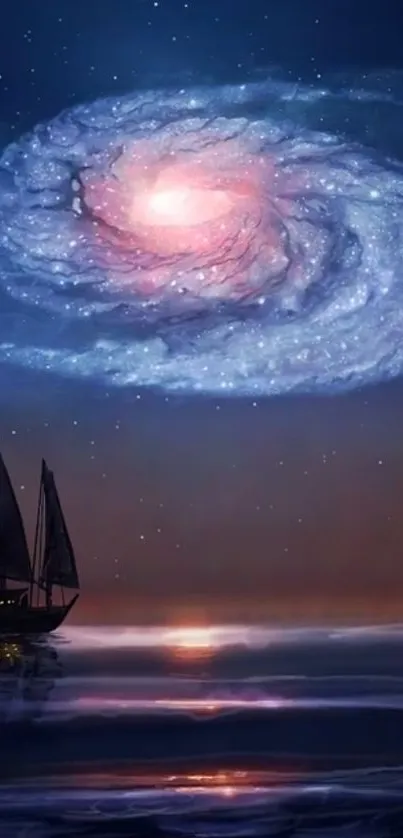 Sailing boat under a swirling galaxy with stars in the night sky.