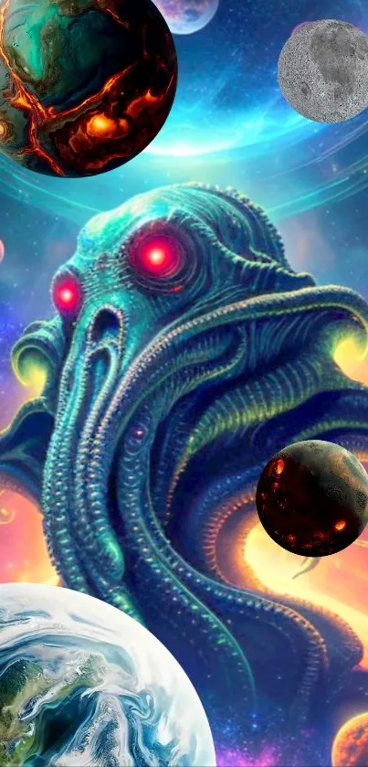 Cosmic octopus with alien planets in vibrant fantasy space artwork.