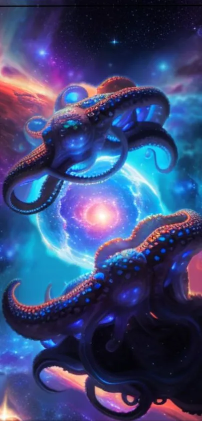 Vibrant cosmic scene with octopuses and galaxies, rich in blue and purple hues.