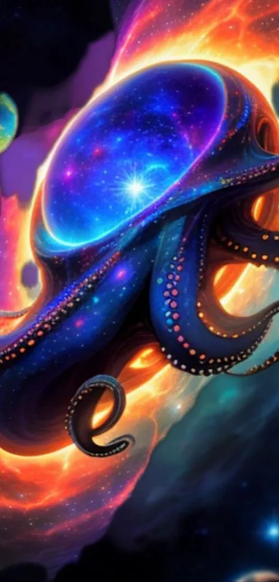 A vibrant cosmic octopus floating in a galaxy space-themed mobile wallpaper.