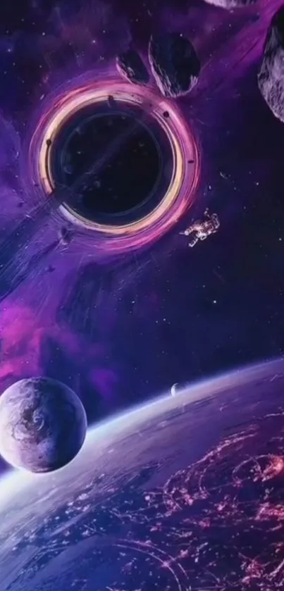 Space wallpaper with planets and a swirling black hole.