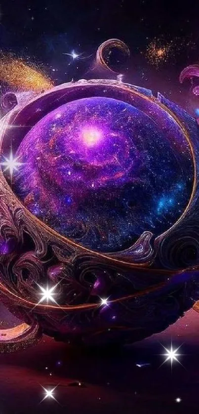 Purple cosmic orb surrounded by swirling galaxies and stars.