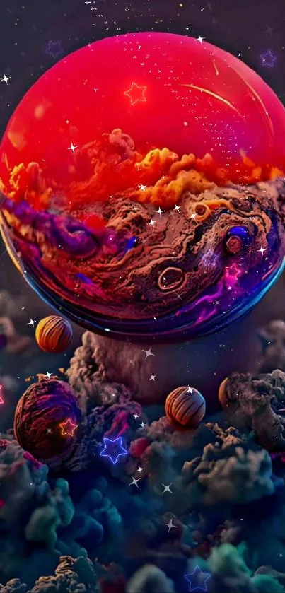 Vibrant cosmic orb with planets and clouds, ideal for phone wallpaper.