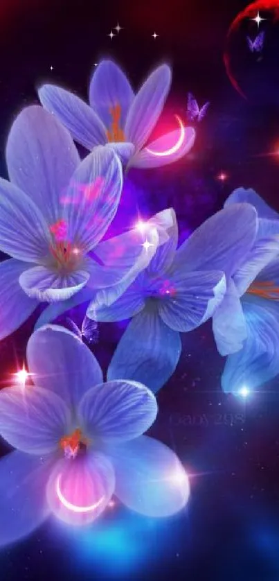 Glowing orchids in cosmic space with vibrant hues and celestial elements.