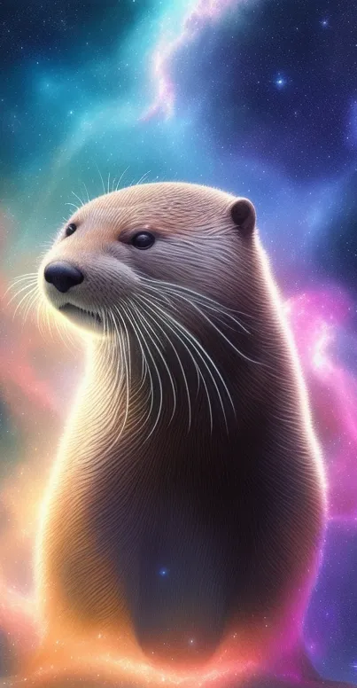 A whimsical otter surrounded by colorful cosmic nebulas, perfect for phone wallpaper.