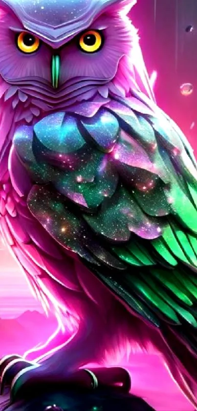Cosmic owl with vibrant pink and green hues.