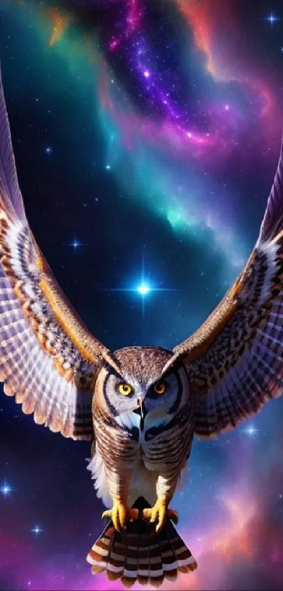 Owl soaring in a vibrant cosmic galaxy with colorful nebulae.