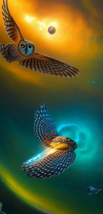 Two owls soar through a colorful cosmic scene, creating a stunning artistic effect.