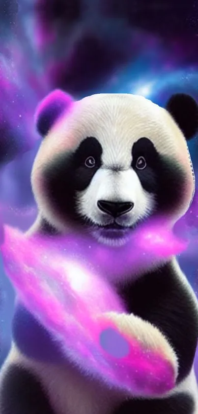 A panda in cosmic purple and blue hues as a mobile phone wallpaper.