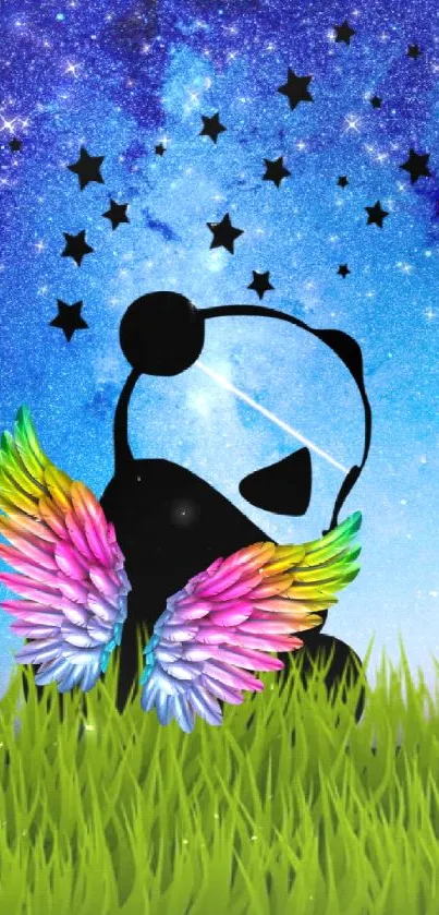 Panda with colorful wings and stars in a grassy scene wallpaper