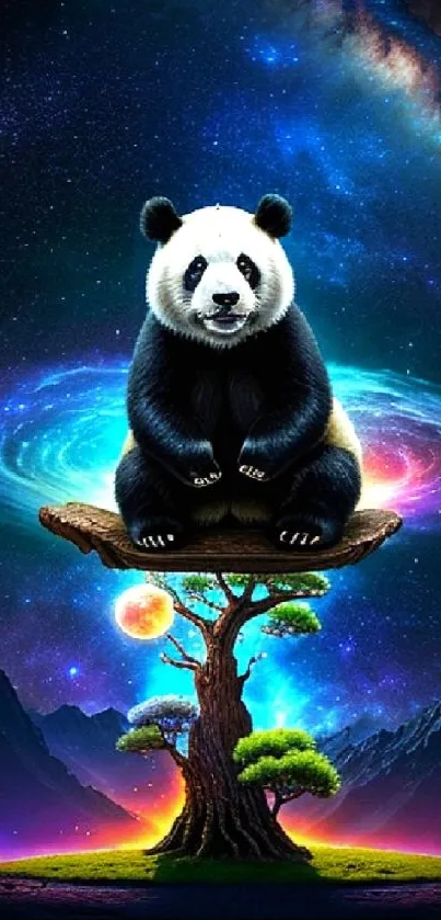 Surreal cosmic panda with galaxy background on tree art wallpaper.