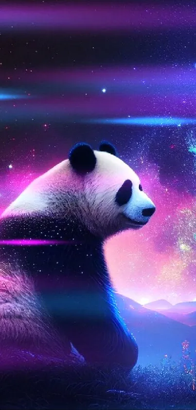 Panda stargazing under a vibrant cosmos and starry sky.