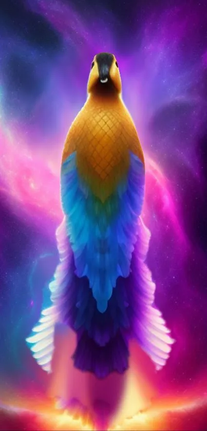 Colorful cosmic parrot in galaxy setting with vibrant purple and orange hues.