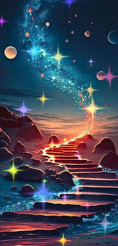 Surreal cosmic pathway wallpaper with stars and galaxies in vibrant colors.