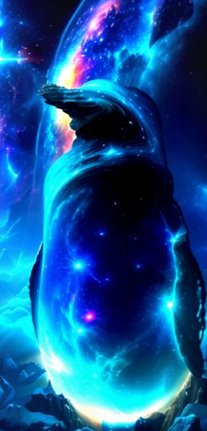 A cosmic penguin in space with vibrant blue and purple hues.