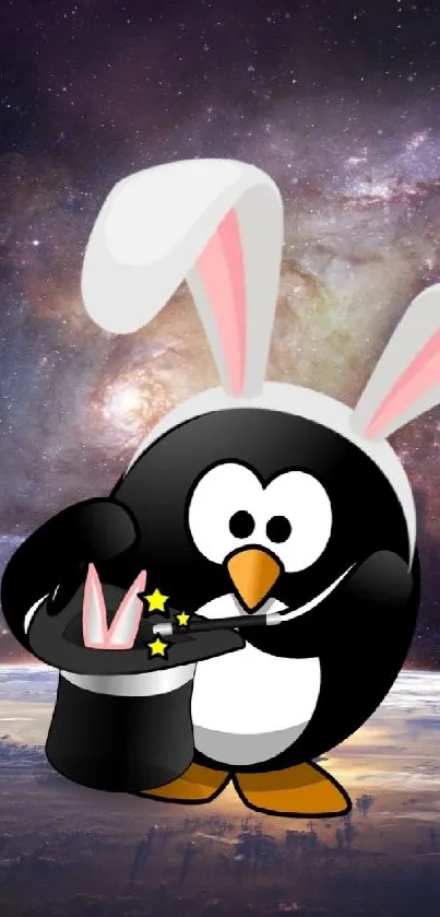 Penguin in rabbit ears performs magic in a cosmic galaxy setting.