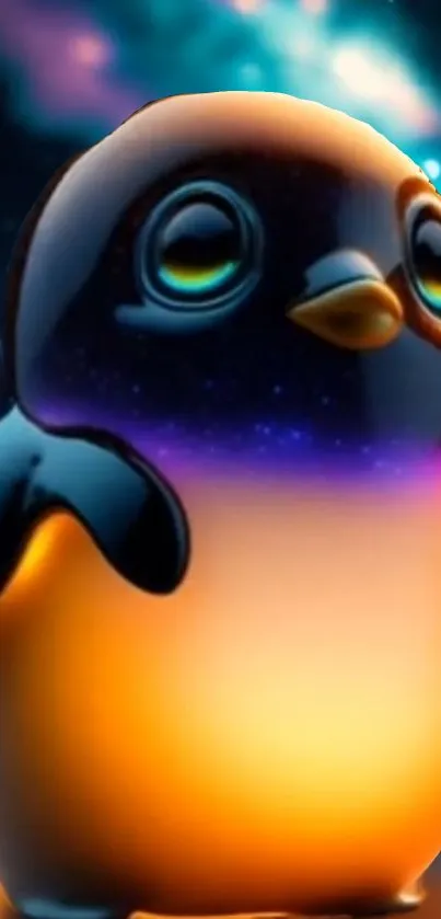 Vibrant cosmic penguin wallpaper with galaxy background.