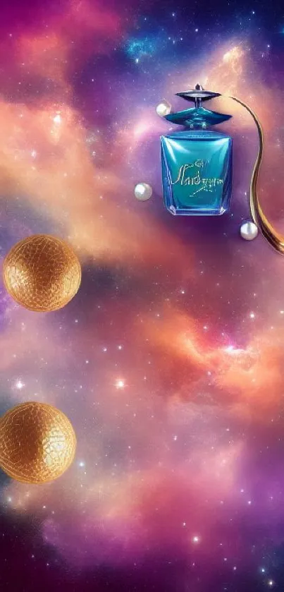 Vibrant cosmic wallpaper with perfume bottle and nebulae design.