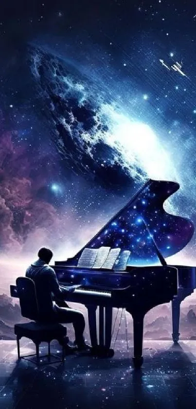 Pianist plays under a starry cosmic sky with a galaxy backdrop.