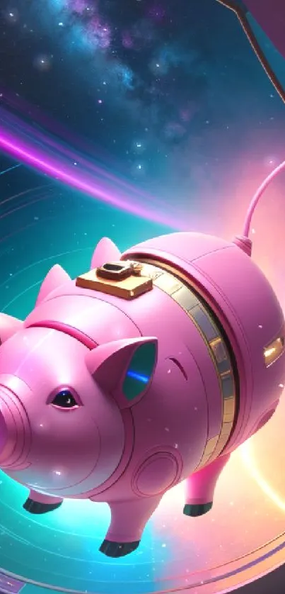 Futuristic pink piggy bank floating in a cosmic scene.