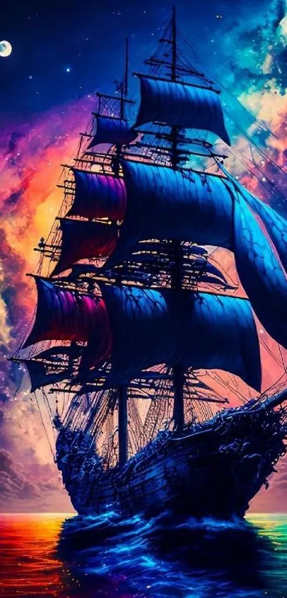 Majestic cosmic ship sailing against a vibrant nebula sky.