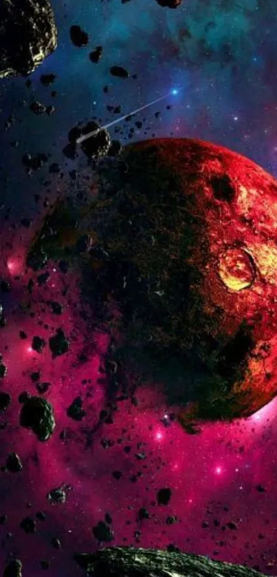 Red planet surrounded by asteroids in vibrant cosmic scene.