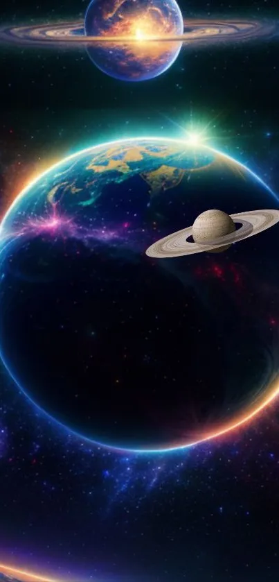 Vibrant cosmic scene with planets and glowing galaxy stars as a wallpaper.