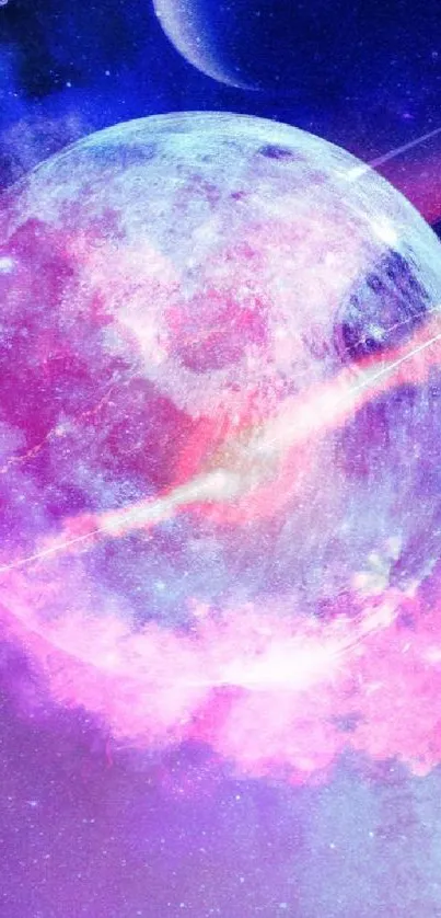 Vibrantly colored cosmic planet with pink nebula in space.