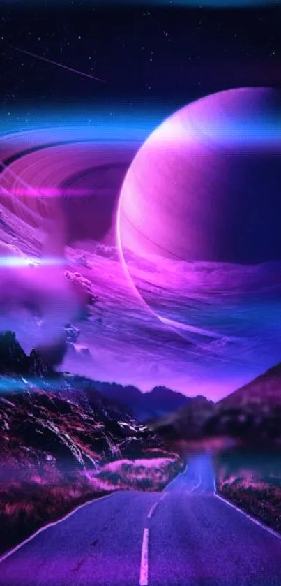 Purple cosmic scene with a planet and starry sky background.