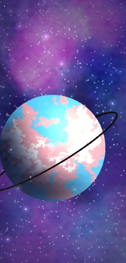 Colorful planet with starry purple space background.