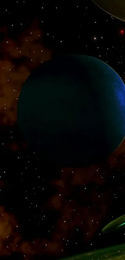 Mobile wallpaper featuring a dark planet against a vibrant space background.