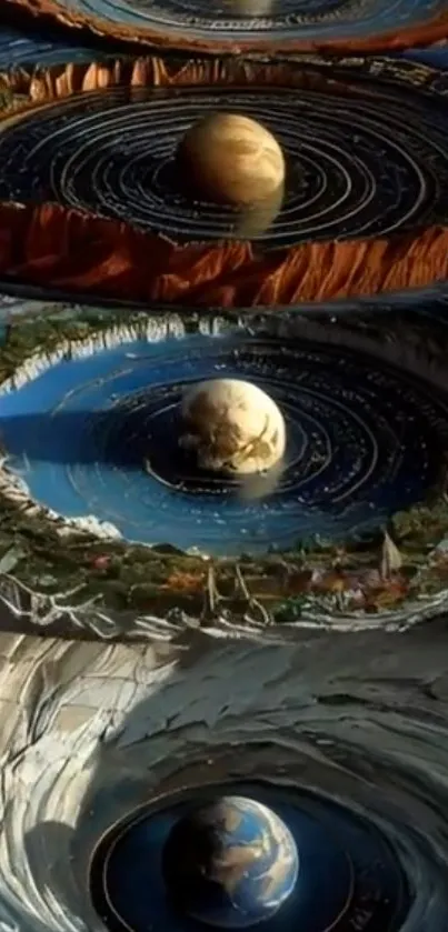 Cosmic planetary art design with a blue theme and swirling orbits.