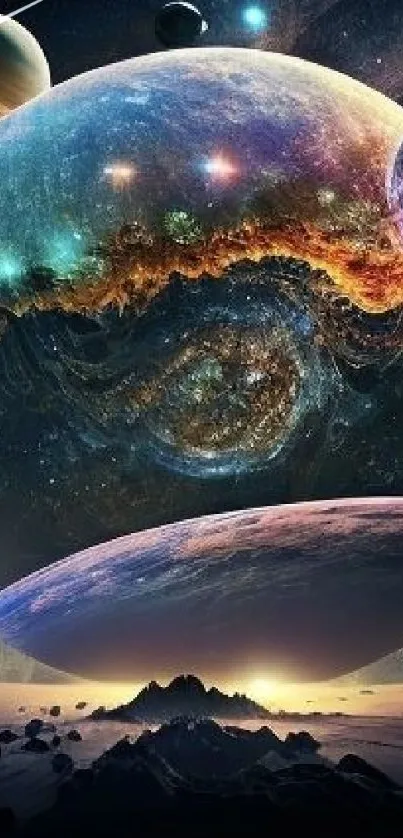 Vibrant cosmic planetary art with colorful galaxy.