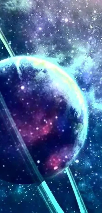 Galaxy-themed wallpaper with planets and stars.