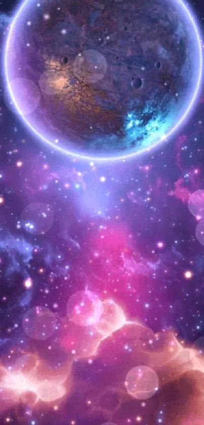 Vibrant cosmic wallpaper with nebula and glowing planet.