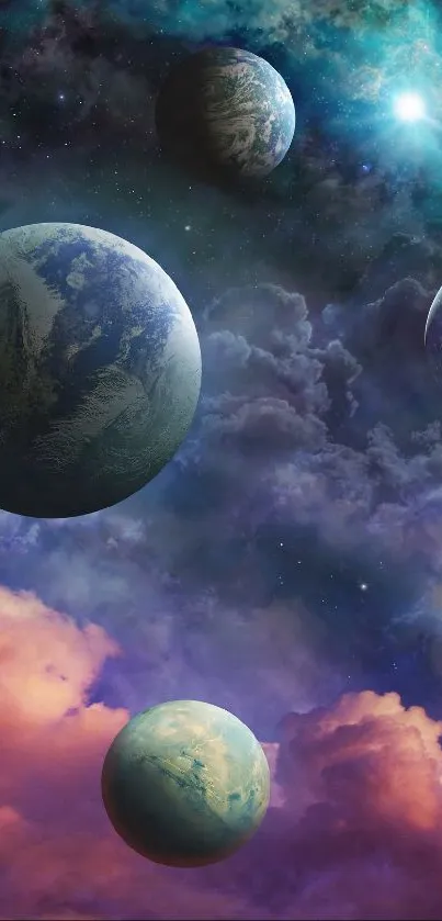 Vibrant cosmic wallpaper featuring multiple planets in space.