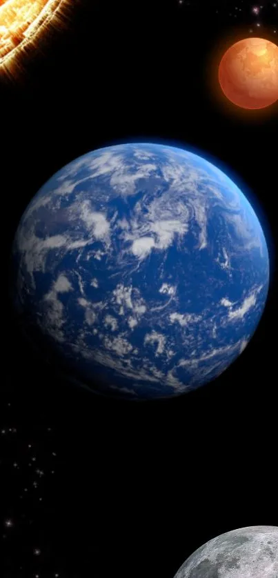 Planetary mobile wallpaper with Earth and stars.